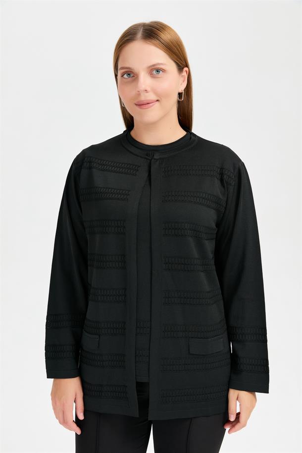 Büyük Beden Önü Örgü Desenli Tunik Triko Takım-SİYAH