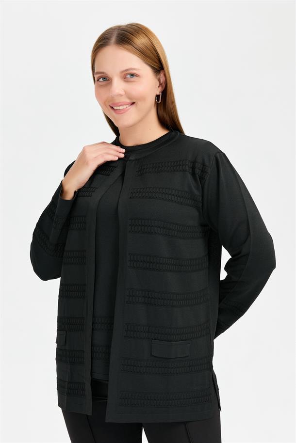 Büyük Beden Önü Örgü Desenli Tunik Triko Takım-SİYAH