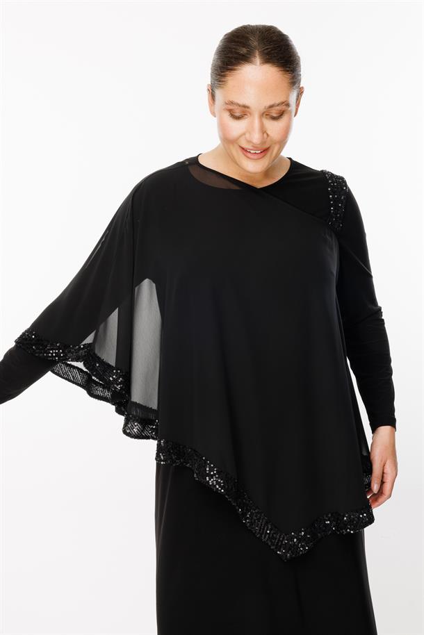 Büyük Beden Payet Detaylı Uzun Şifon Abiye Elbise-SİYAH