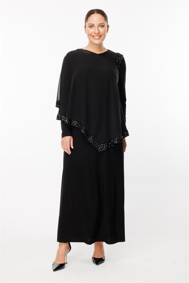 Büyük Beden Payet Detaylı Uzun Şifon Abiye Elbise-SİYAH