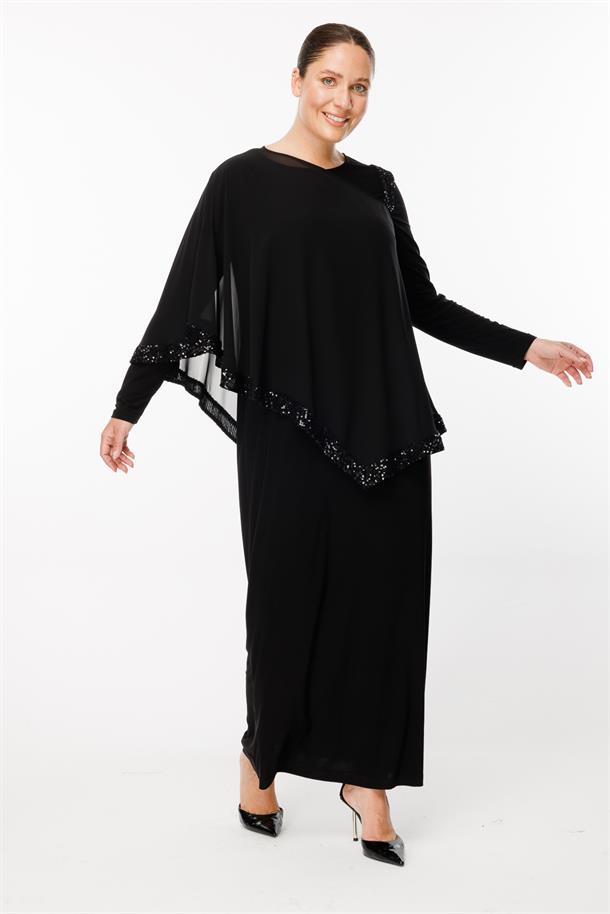 Büyük Beden Payet Detaylı Uzun Şifon Abiye Elbise-SİYAH