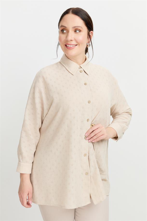 Büyük Beden Petek Keten Gömlek-VİZON