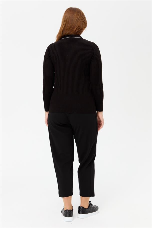 Büyük Beden Polo Yaka Fitilli Triko Kazak-SİYAH