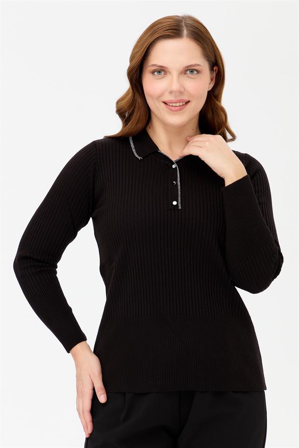 Büyük Beden Polo Yaka Fitilli Triko Kazak-SİYAH