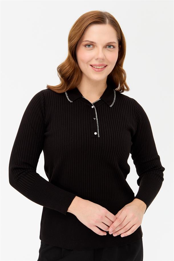 Büyük Beden Polo Yaka Fitilli Triko Kazak-SİYAH