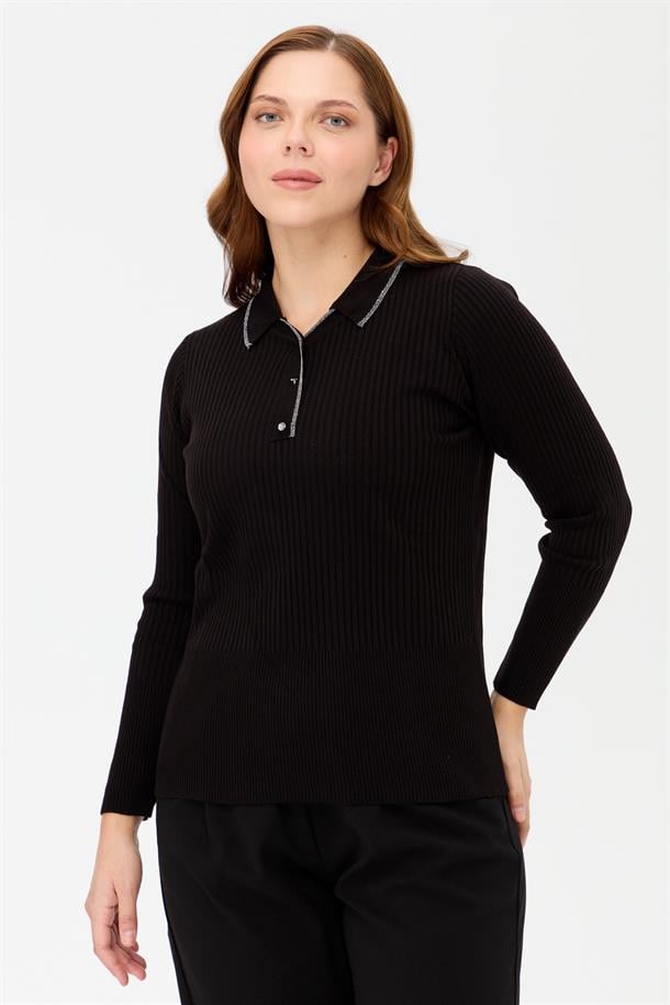 Büyük Beden Polo Yaka Fitilli Triko Kazak-SİYAH