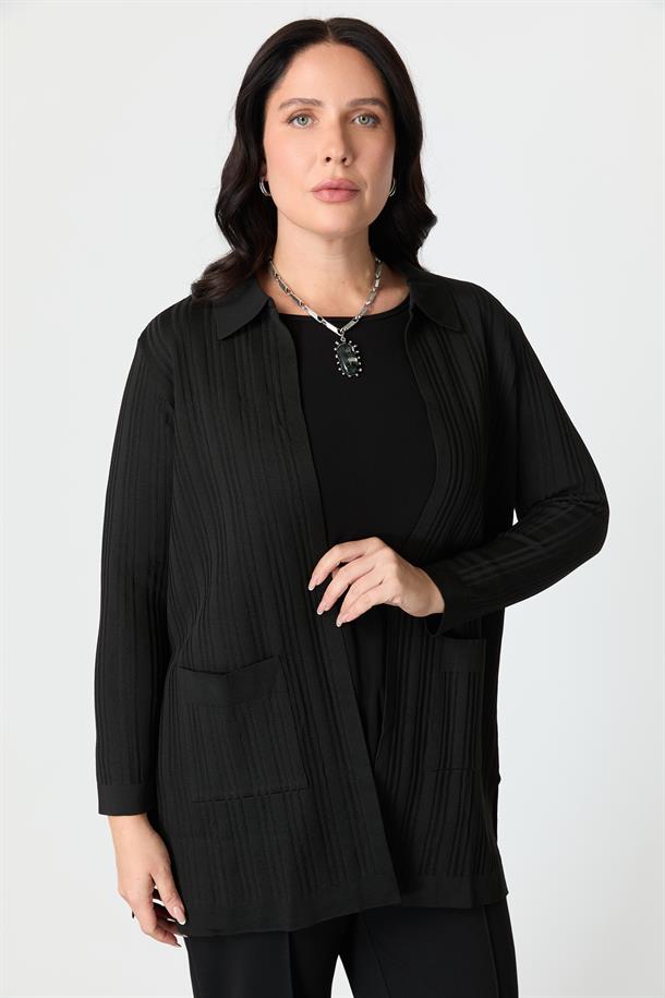 Büyük Beden Polo Yaka Triko Hırka-SİYAH