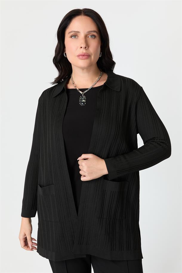 Büyük Beden Polo Yaka Triko Hırka-SİYAH