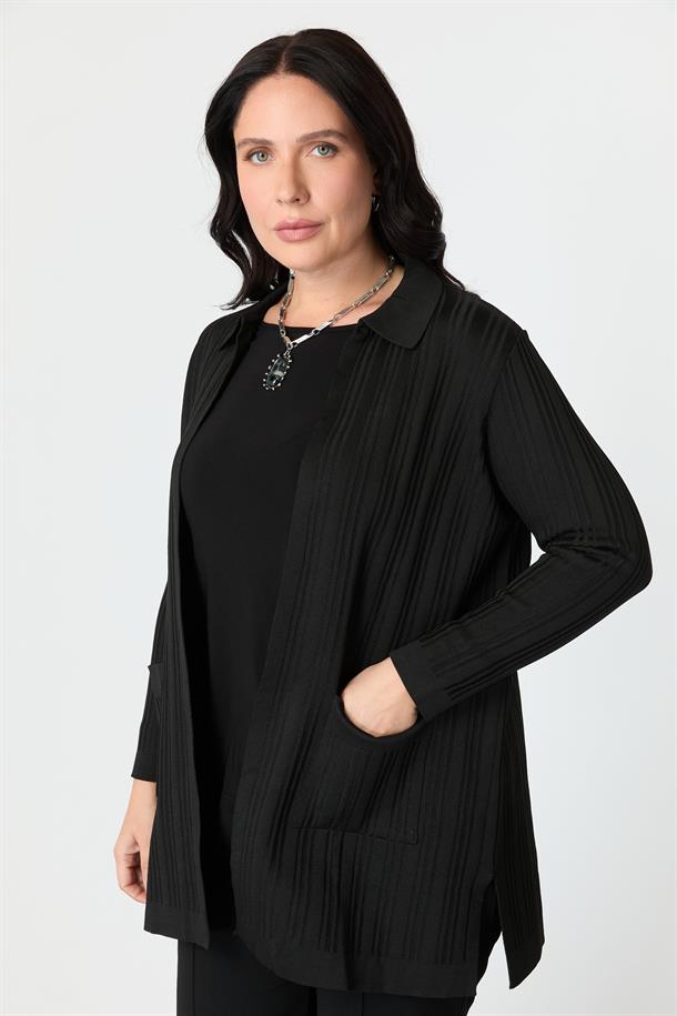 Büyük Beden Polo Yaka Triko Hırka-SİYAH