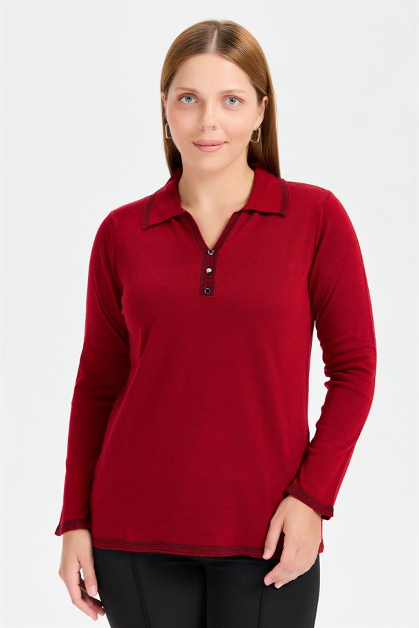 Büyük Beden Polo Yaka Triko Kazak-BORDO