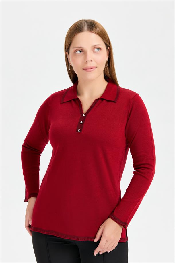 Büyük Beden Polo Yaka Triko Kazak-BORDO