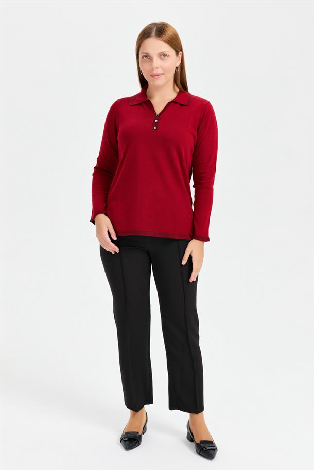 Büyük Beden Polo Yaka Triko Kazak-BORDO