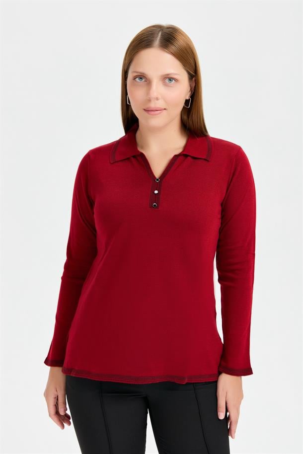 Büyük Beden Polo Yaka Triko Kazak-BORDO