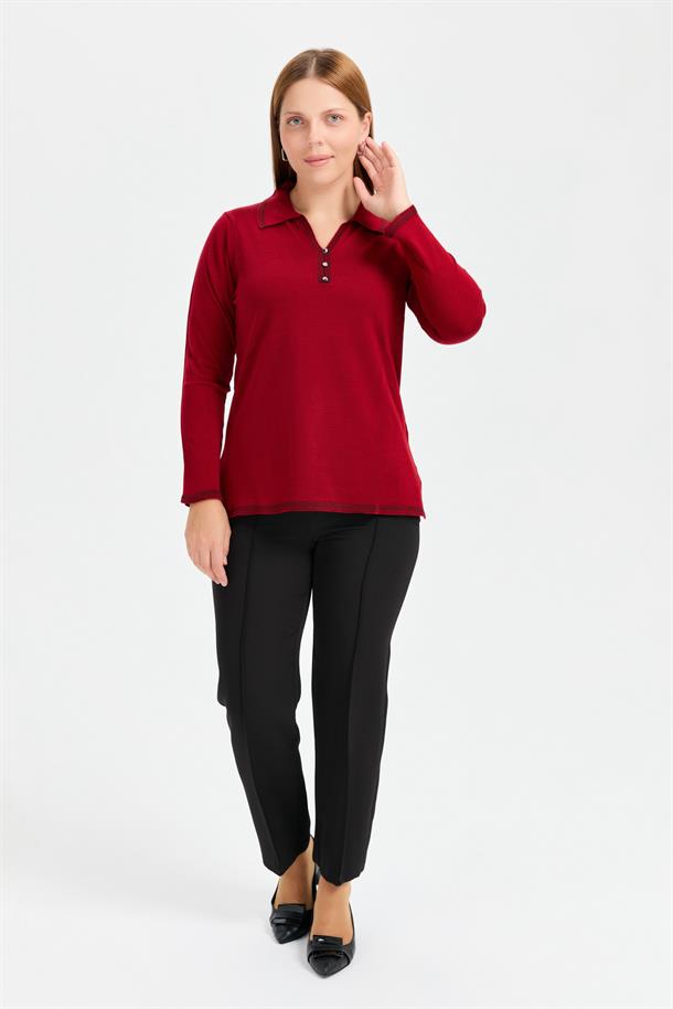 Büyük Beden Polo Yaka Triko Kazak-BORDO