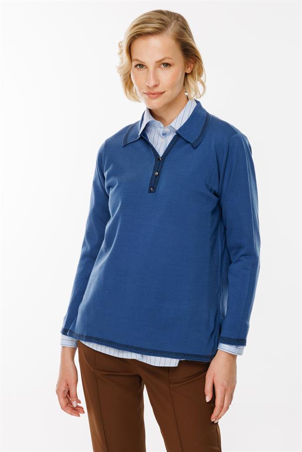 Büyük Beden Polo Yaka Triko Kazak-İNDİGO