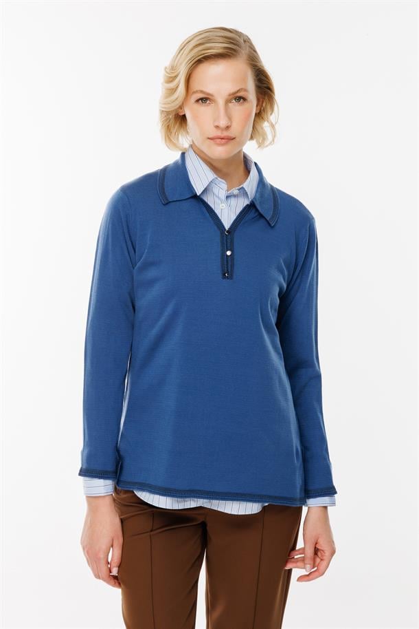 Büyük Beden Polo Yaka Triko Kazak-İNDİGO