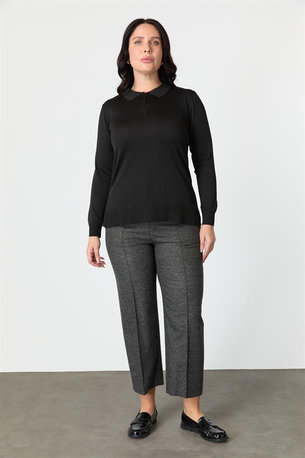 Büyük Beden Polo Yaka Triko Kazak-SİYAH