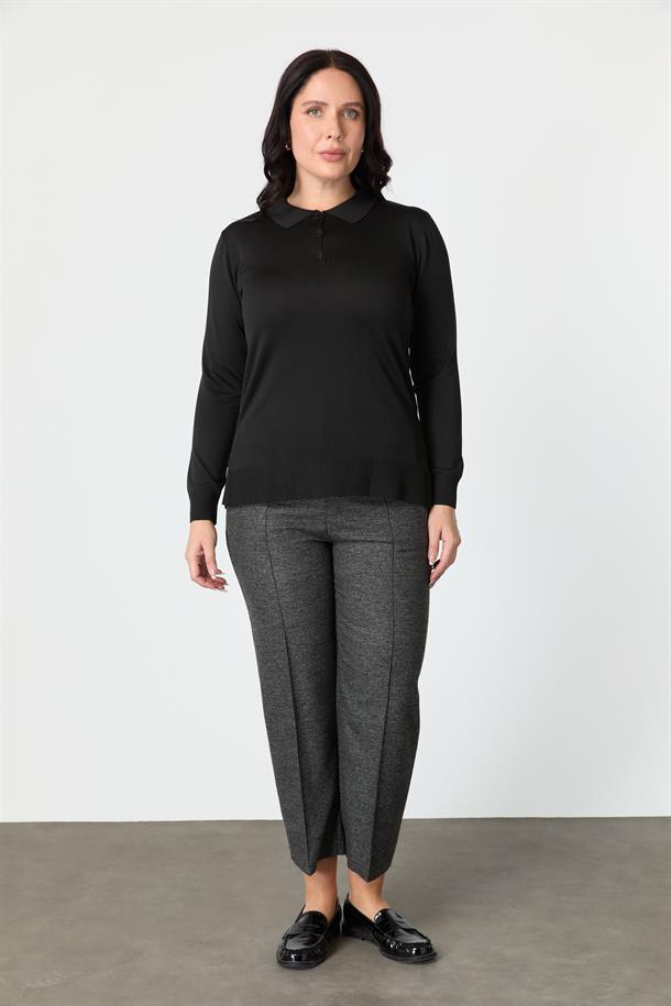 Büyük Beden Polo Yaka Triko Kazak-SİYAH