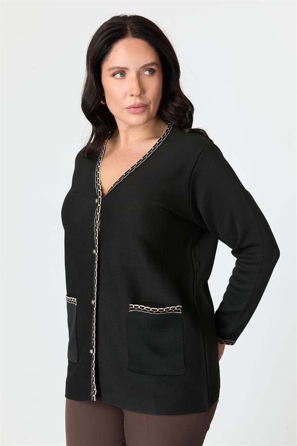 Büyük Beden Ribana Detaylı Triko Hırka-SİYAH