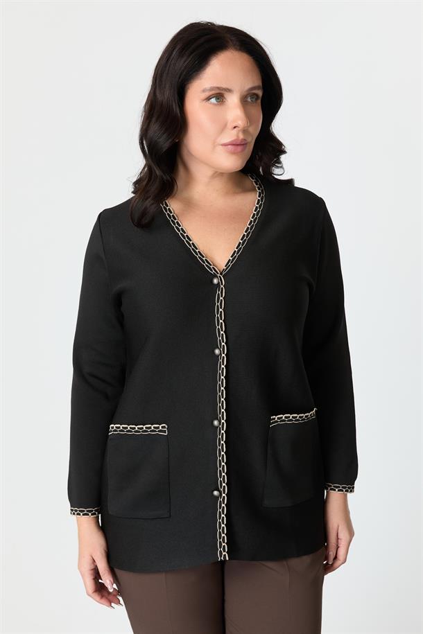 Büyük Beden Ribana Detaylı Triko Hırka-SİYAH