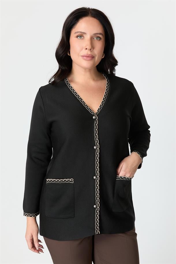 Büyük Beden Ribana Detaylı Triko Hırka-SİYAH