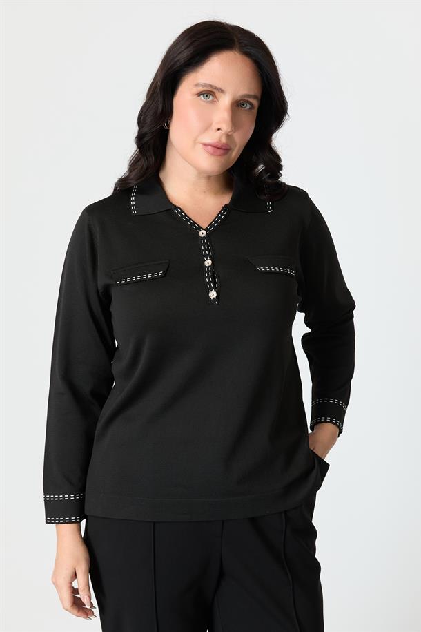 Büyük Beden Ribana Detaylı Triko Kazak-SİYAH