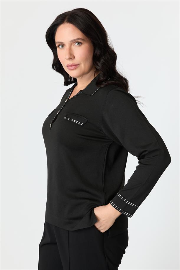 Büyük Beden Ribana Detaylı Triko Kazak-SİYAH