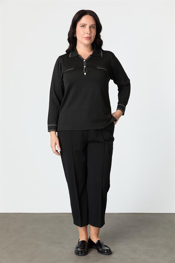 Büyük Beden Ribana Detaylı Triko Kazak-SİYAH