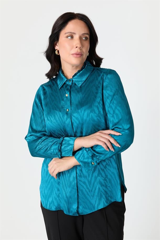 Büyük Beden Saten Görünümlü Gömlek-PETROL