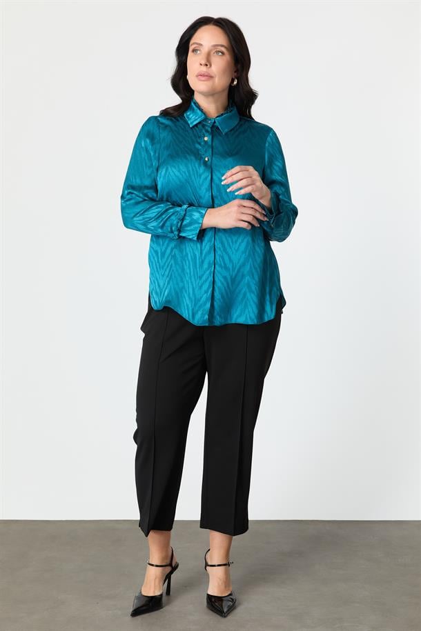 Büyük Beden Saten Görünümlü Gömlek-PETROL