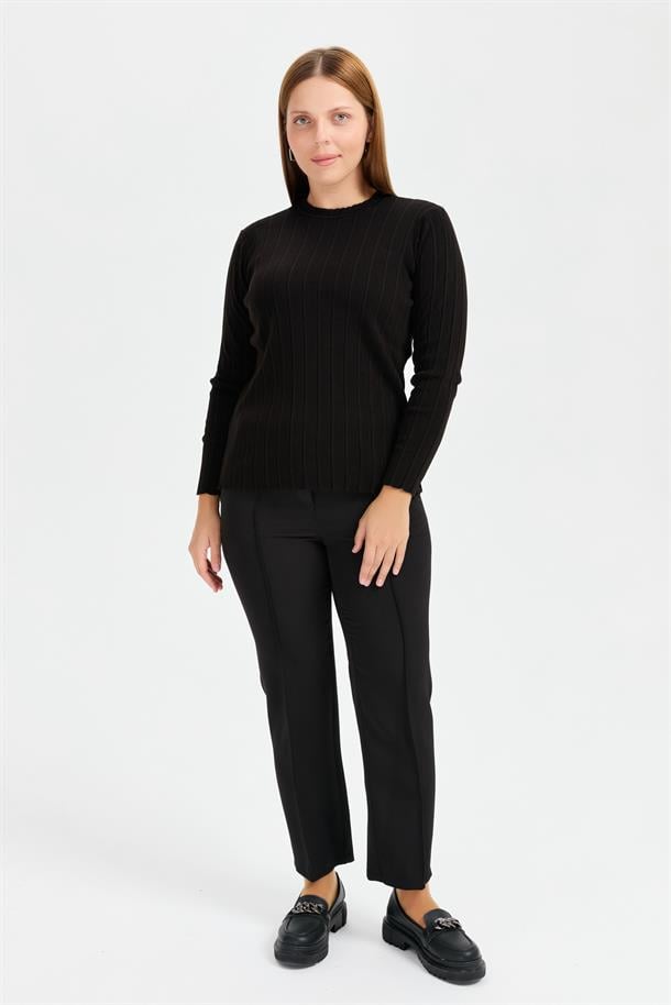 Büyük Beden Sıfır Yaka Fitilli Triko Kazak-SİYAH
