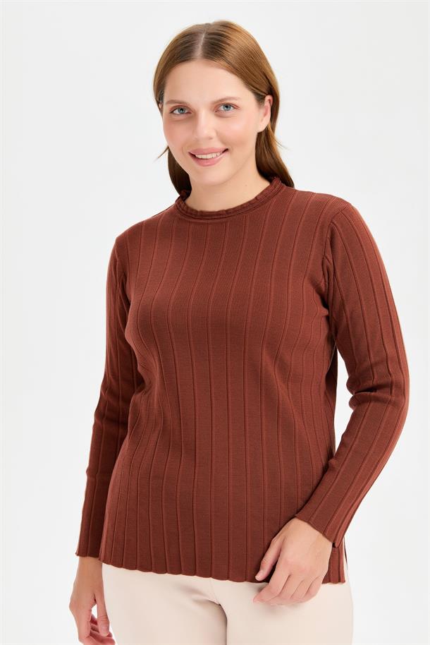 Büyük Beden Sıfır Yaka Fitilli Triko Kazak-KİREMİT