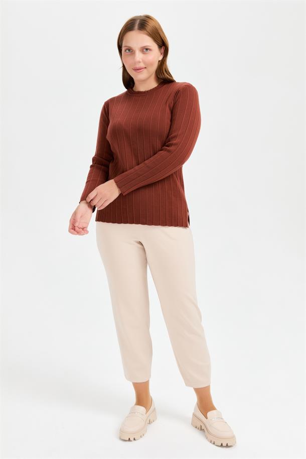 Büyük Beden Sıfır Yaka Fitilli Triko Kazak-KİREMİT