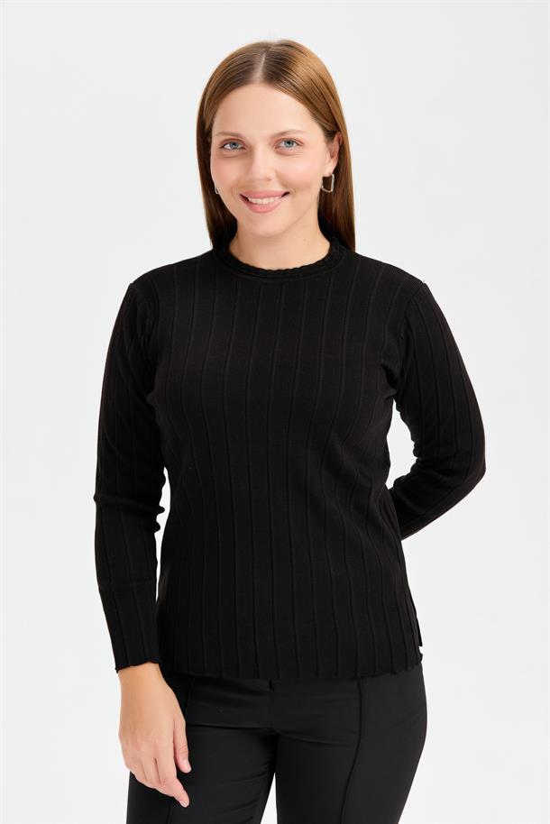 Büyük Beden Sıfır Yaka Fitilli Triko Kazak-SİYAH