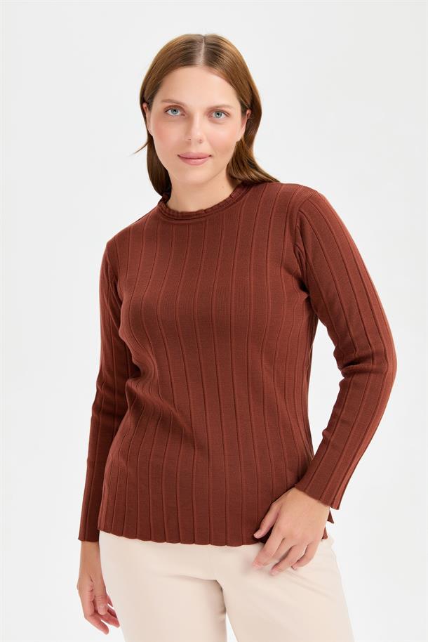 Büyük Beden Sıfır Yaka Fitilli Triko Kazak-KİREMİT