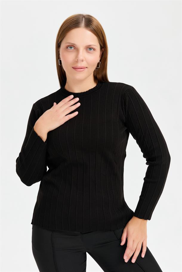 Büyük Beden Sıfır Yaka Fitilli Triko Kazak-SİYAH