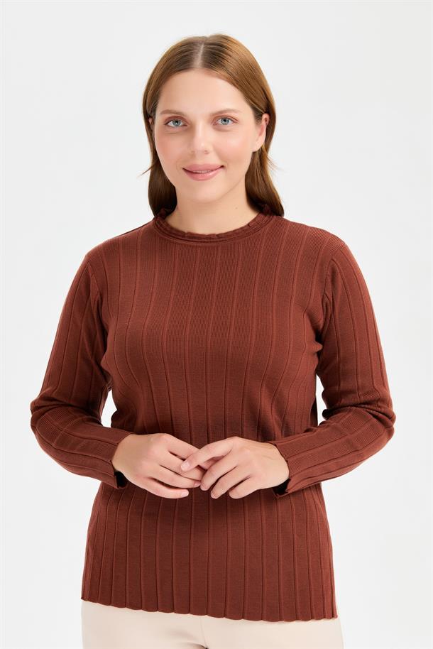 Büyük Beden Sıfır Yaka Fitilli Triko Kazak-KİREMİT