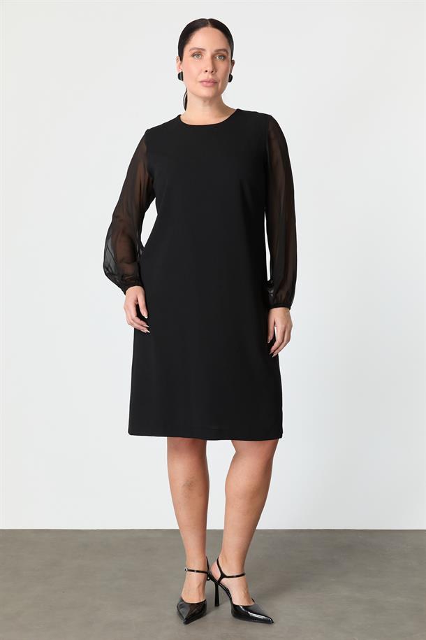 Büyük Beden Şifon Detay Krep Elbise-SİYAH