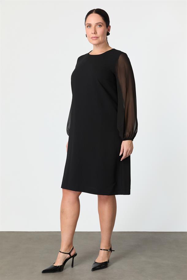 Büyük Beden Şifon Detay Krep Elbise-SİYAH