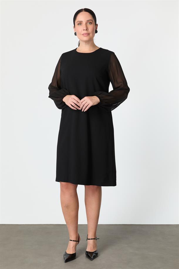 Büyük Beden Şifon Detay Krep Elbise-SİYAH