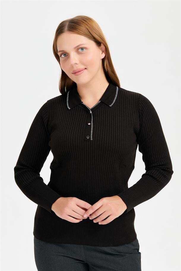 Büyük Beden Simli Polo Yaka Triko Kazak-SİYAH