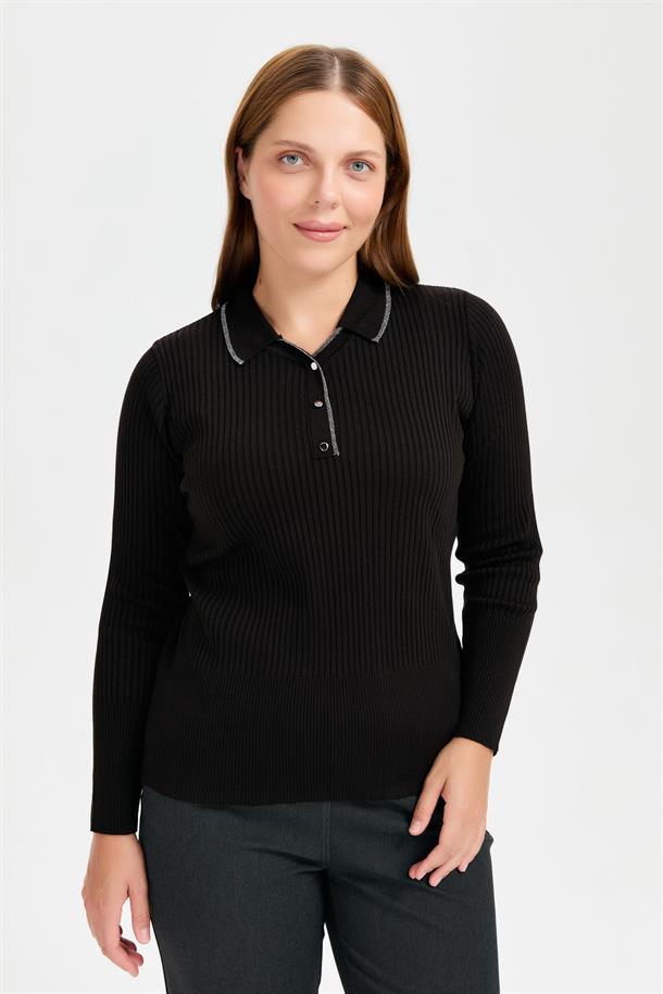 Büyük Beden Simli Polo Yaka Triko Kazak-SİYAH