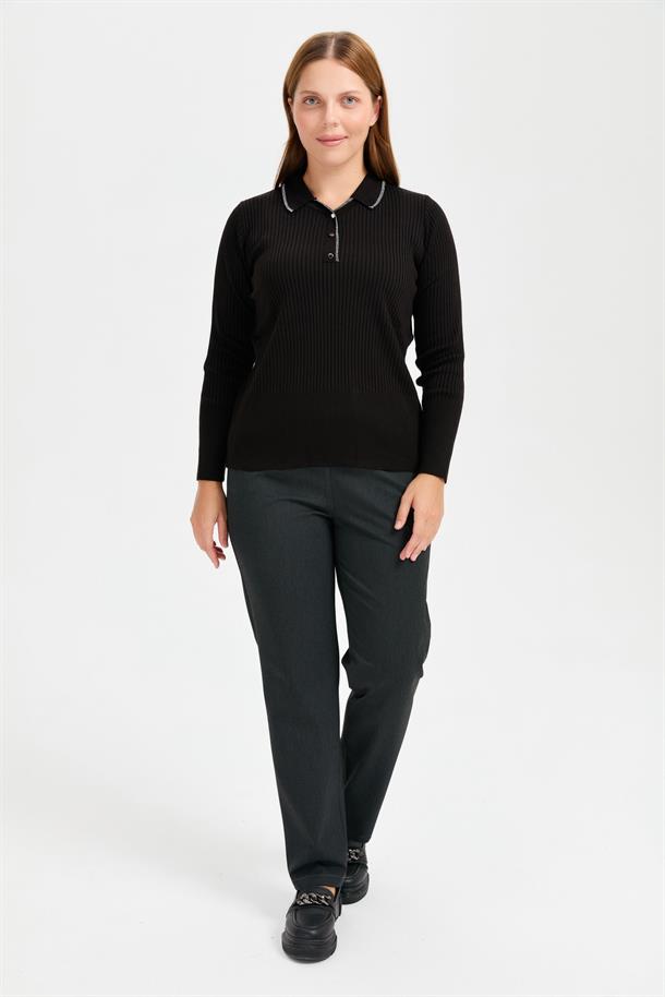 Büyük Beden Simli Polo Yaka Triko Kazak-SİYAH