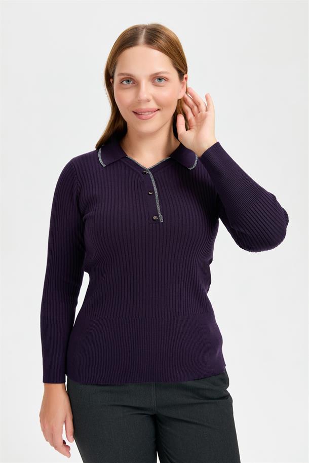 Büyük Beden Simli Polo Yaka Triko Kazak-MOR