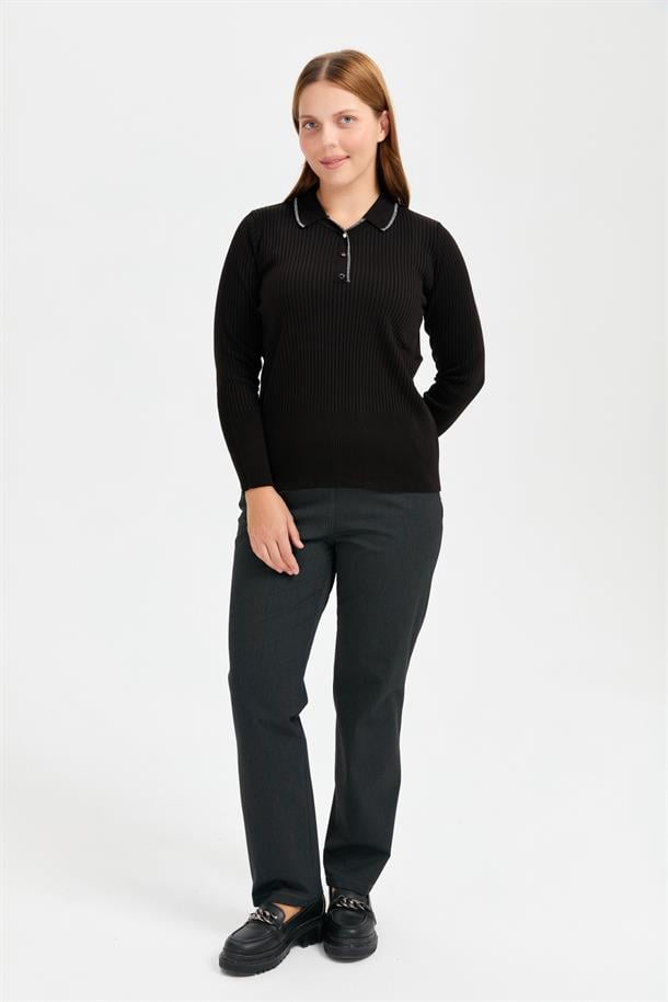Büyük Beden Simli Polo Yaka Triko Kazak-SİYAH