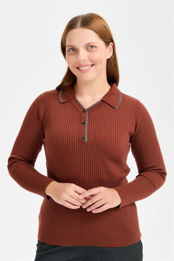 Büyük Beden Simli Polo Yaka Triko Kazak-TARÇIN