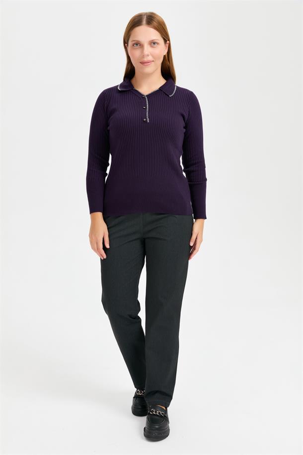 Büyük Beden Simli Polo Yaka Triko Kazak-MOR