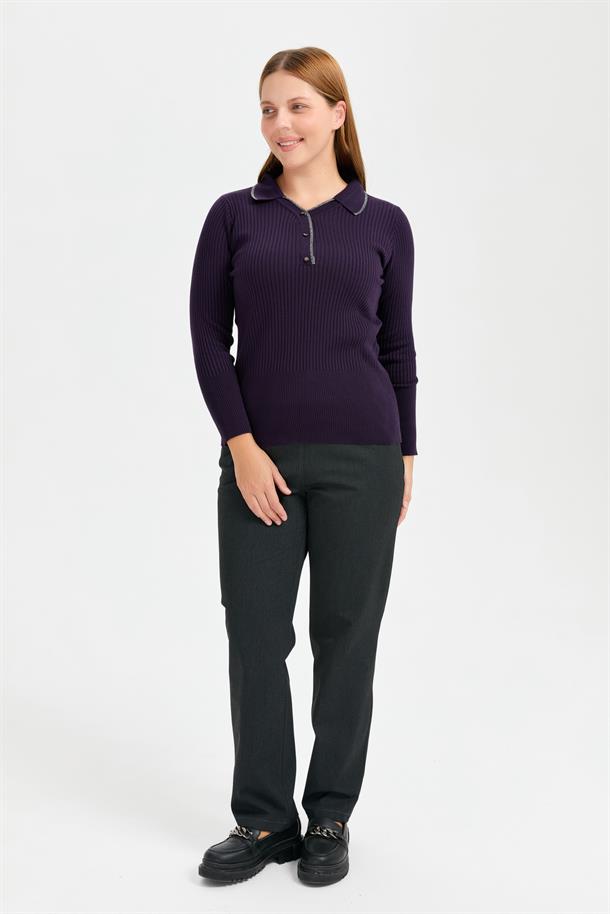 Büyük Beden Simli Polo Yaka Triko Kazak-MOR