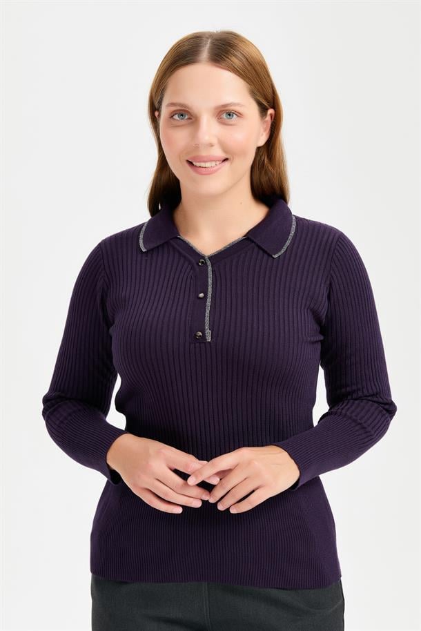 Büyük Beden Simli Polo Yaka Triko Kazak-MOR