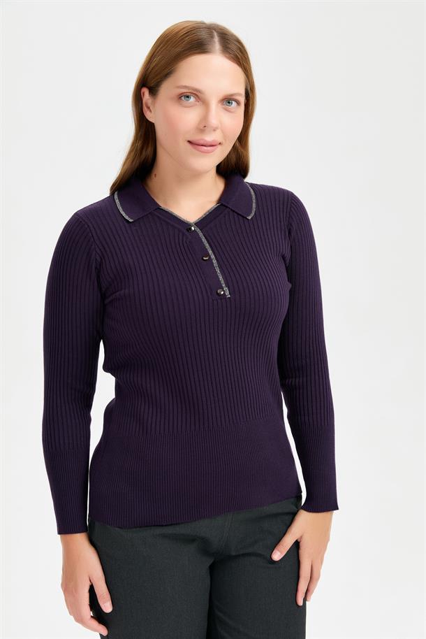 Büyük Beden Simli Polo Yaka Triko Kazak-MOR